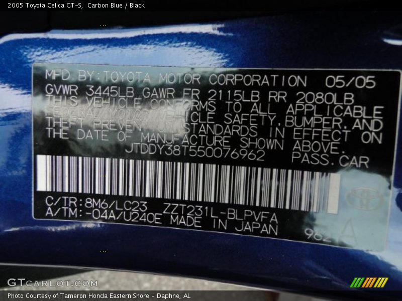 2005 Celica GT-S Carbon Blue Color Code 8M6