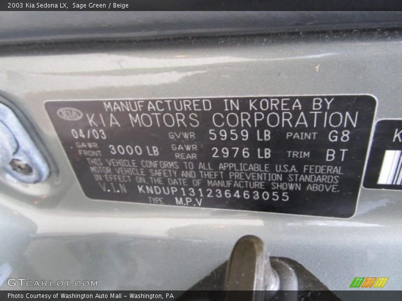Sage Green / Beige 2003 Kia Sedona LX