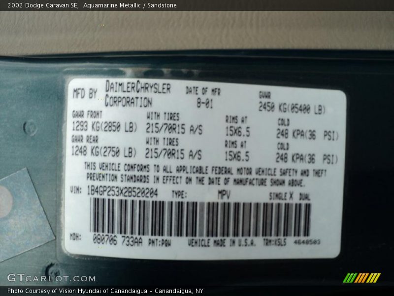 2002 Caravan SE Aquamarine Metallic Color Code PQW