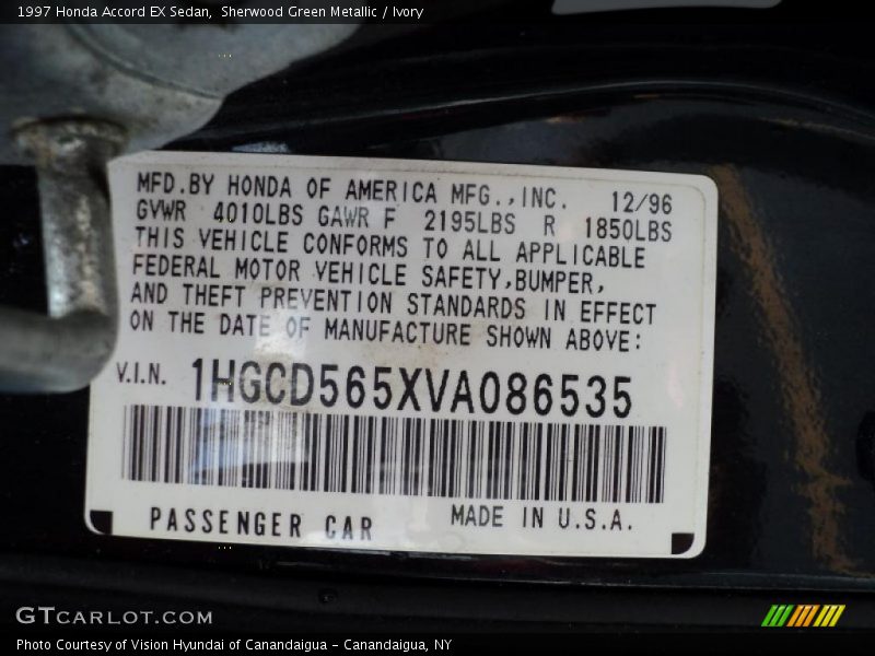 Info Tag of 1997 Accord EX Sedan