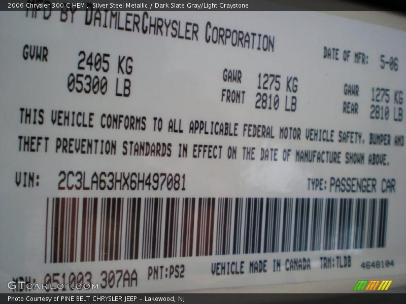 Silver Steel Metallic / Dark Slate Gray/Light Graystone 2006 Chrysler 300 C HEMI