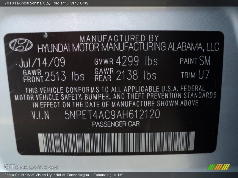 Radiant Silver / Gray 2010 Hyundai Sonata GLS