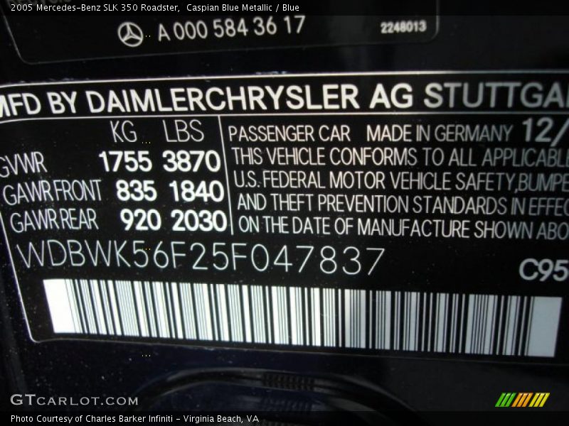 Caspian Blue Metallic / Blue 2005 Mercedes-Benz SLK 350 Roadster
