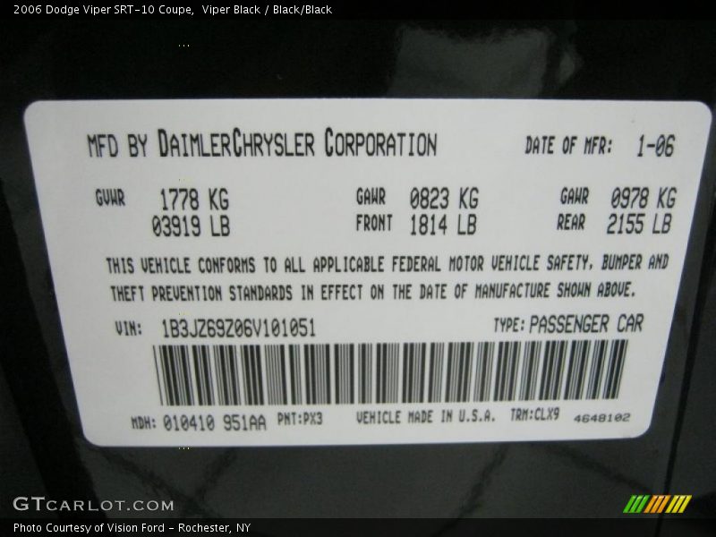 2006 Viper SRT-10 Coupe Viper Black Color Code PX3