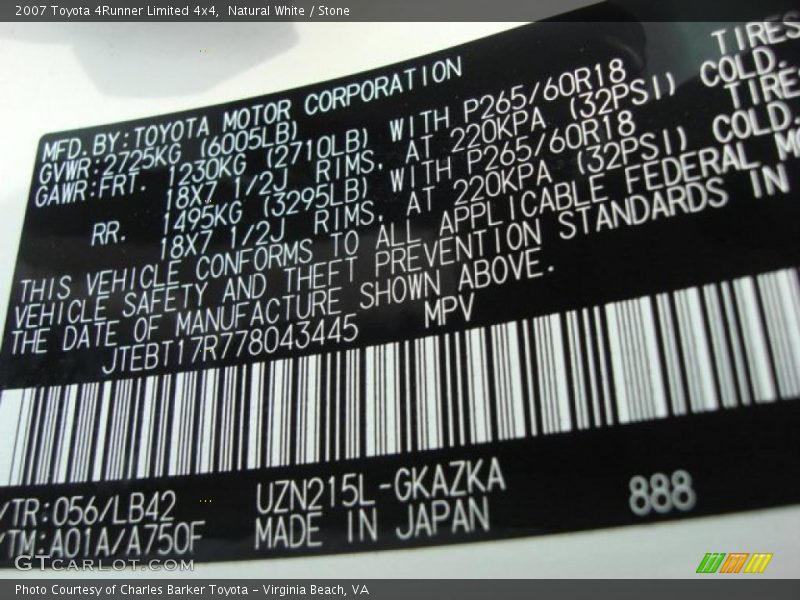 2007 4Runner Limited 4x4 Natural White Color Code 056