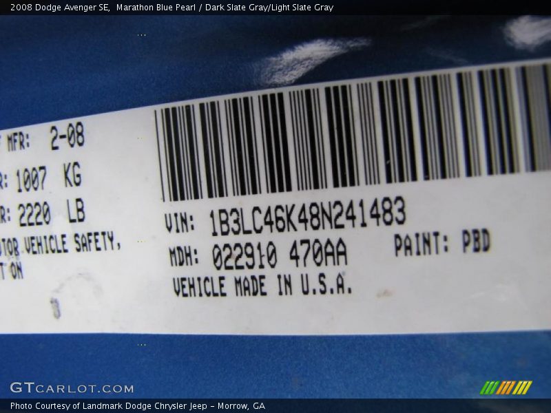 Marathon Blue Pearl / Dark Slate Gray/Light Slate Gray 2008 Dodge Avenger SE