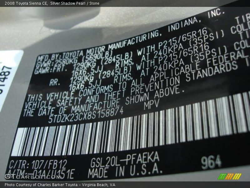 Silver Shadow Pearl / Stone 2008 Toyota Sienna CE