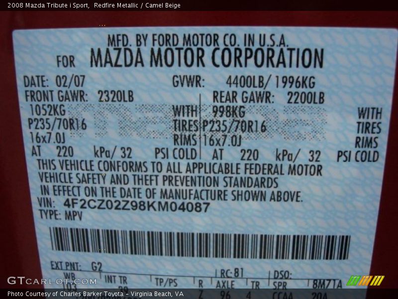 Redfire Metallic / Camel Beige 2008 Mazda Tribute i Sport