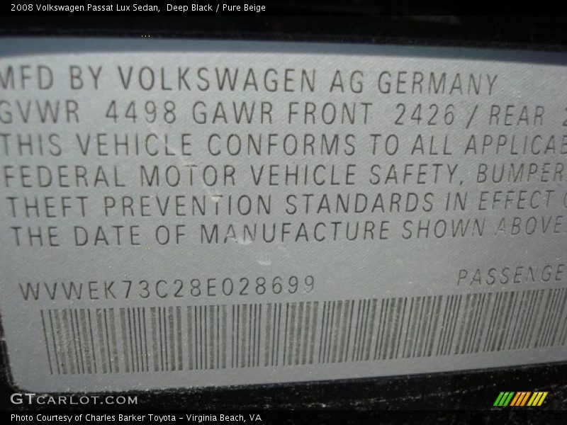 Deep Black / Pure Beige 2008 Volkswagen Passat Lux Sedan