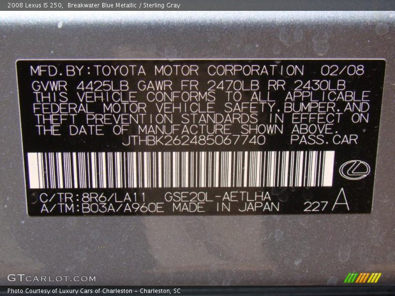 Breakwater Blue Metallic / Sterling Gray 2008 Lexus IS 250
