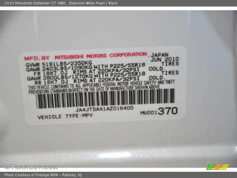Info Tag of 2010 Outlander GT 4WD