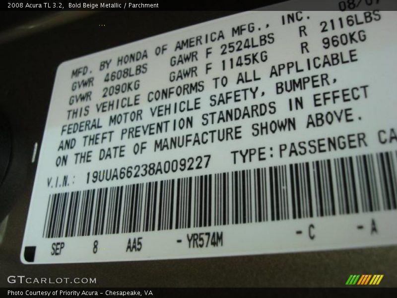 Bold Beige Metallic / Parchment 2008 Acura TL 3.2