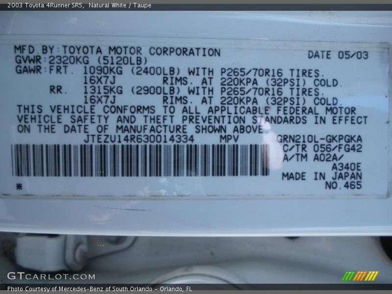 2003 4Runner SR5 Natural White Color Code 056