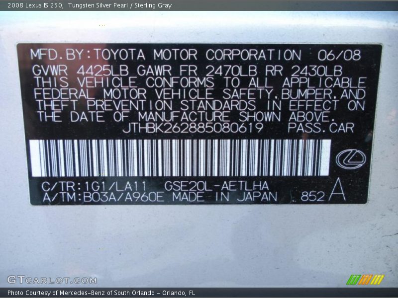 2008 IS 250 Tungsten Silver Pearl Color Code 1G1