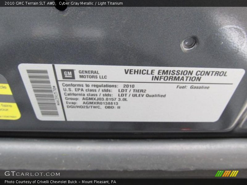 Info Tag of 2010 Terrain SLT AWD