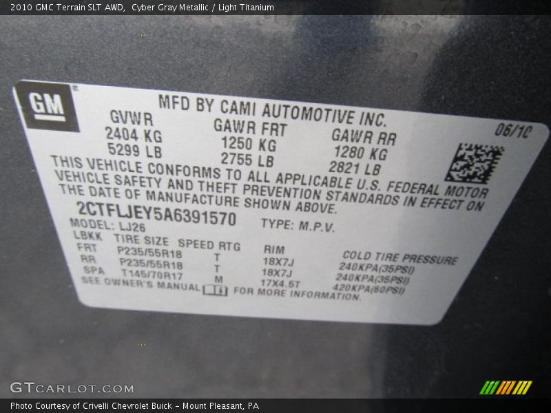 Info Tag of 2010 Terrain SLT AWD