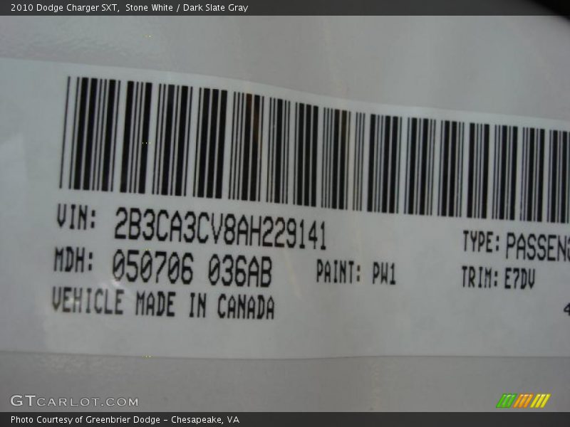 Stone White / Dark Slate Gray 2010 Dodge Charger SXT
