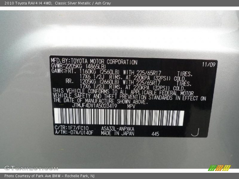 2010 RAV4 I4 4WD Classic Silver Metallic Color Code 1F7