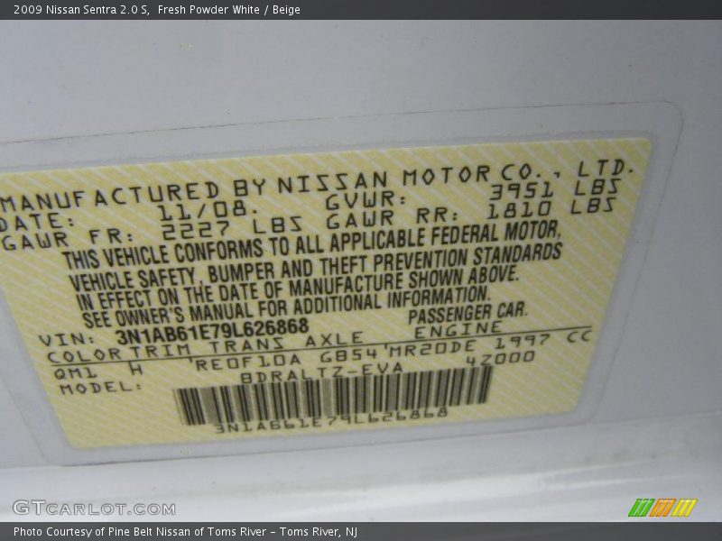 Fresh Powder White / Beige 2009 Nissan Sentra 2.0 S