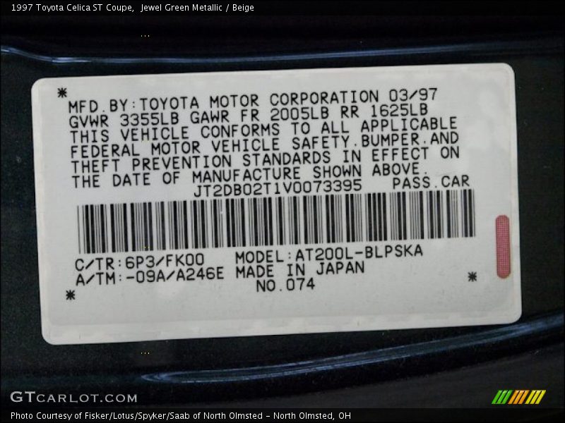 1997 Celica ST Coupe Jewel Green Metallic Color Code 6P3