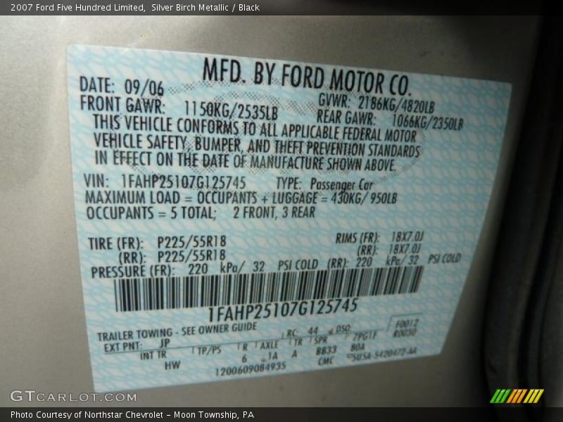 2007 Five Hundred Limited Silver Birch Metallic Color Code JP