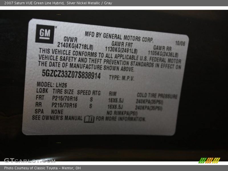 Info Tag of 2007 VUE Green Line Hybrid