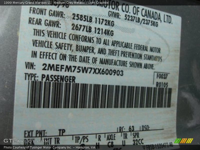 Medium Grey Metallic / Light Graphite 1999 Mercury Grand Marquis LS