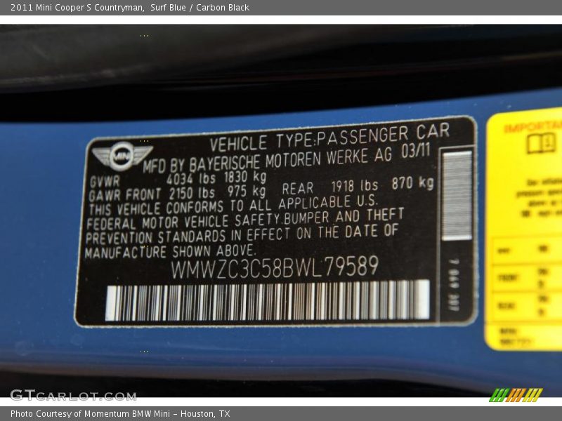 Surf Blue / Carbon Black 2011 Mini Cooper S Countryman