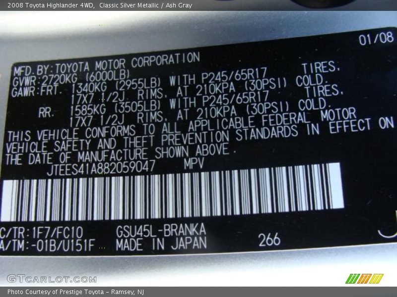 Classic Silver Metallic / Ash Gray 2008 Toyota Highlander 4WD