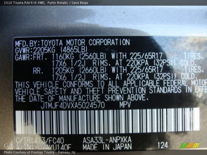 2010 RAV4 I4 4WD Pyrite Metallic Color Code 4T3