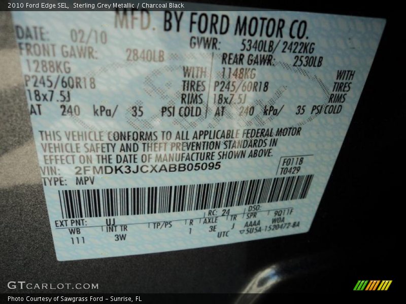 Sterling Grey Metallic / Charcoal Black 2010 Ford Edge SEL
