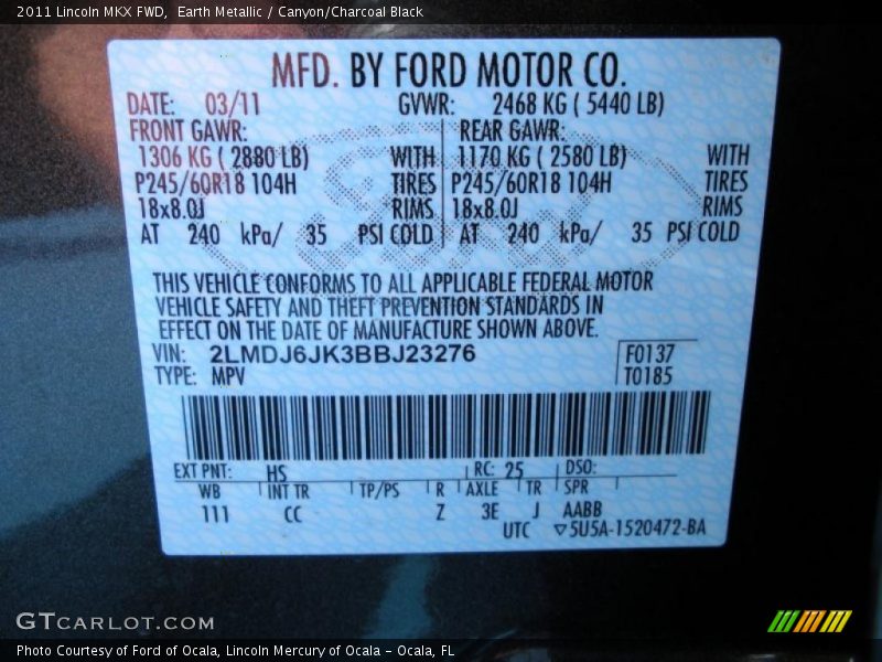 Earth Metallic / Canyon/Charcoal Black 2011 Lincoln MKX FWD