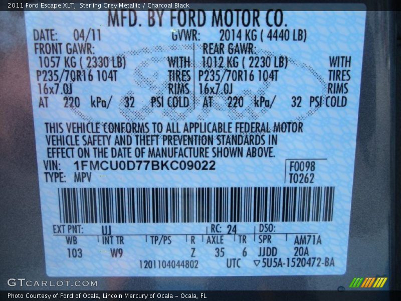 Sterling Grey Metallic / Charcoal Black 2011 Ford Escape XLT