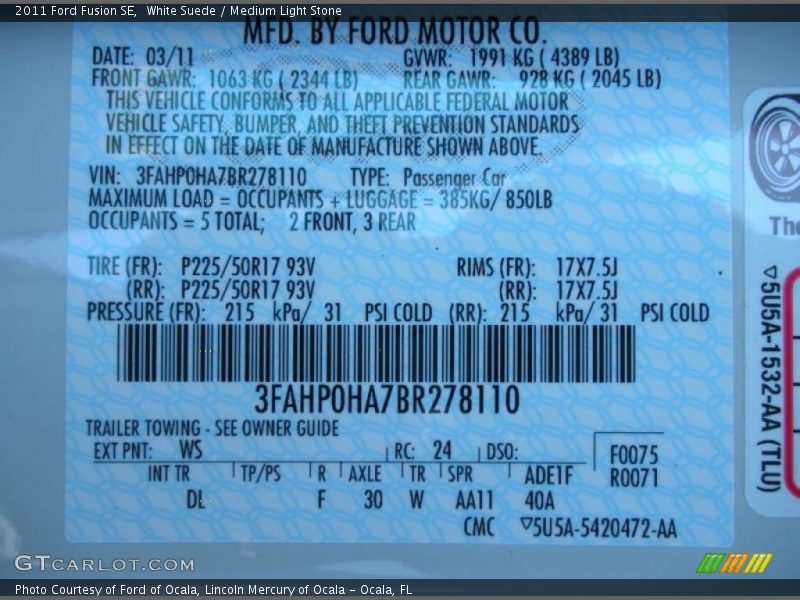White Suede / Medium Light Stone 2011 Ford Fusion SE