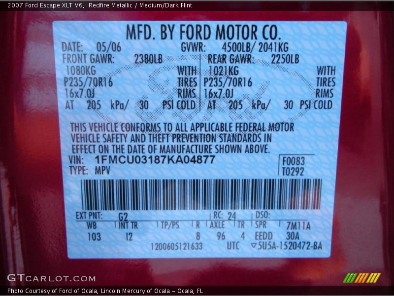 2007 Escape XLT V6 Redfire Metallic Color Code G2