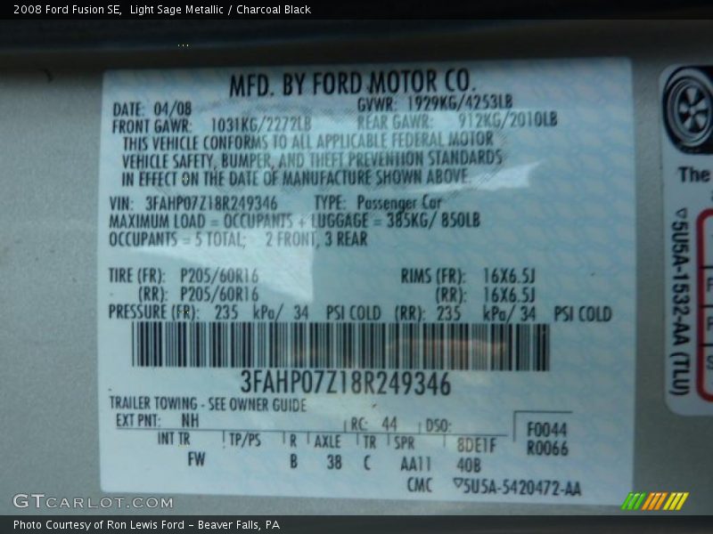 Light Sage Metallic / Charcoal Black 2008 Ford Fusion SE