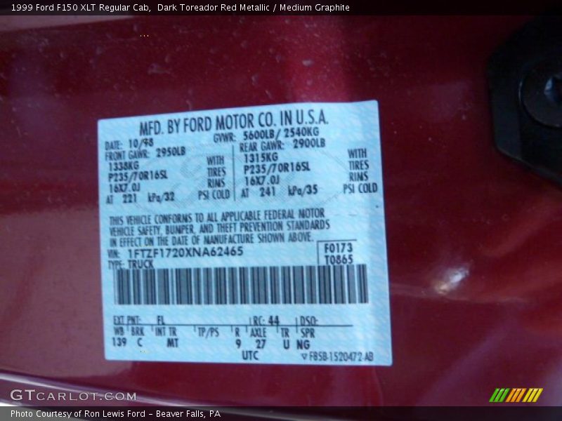 1999 F150 XLT Regular Cab Dark Toreador Red Metallic Color Code FL