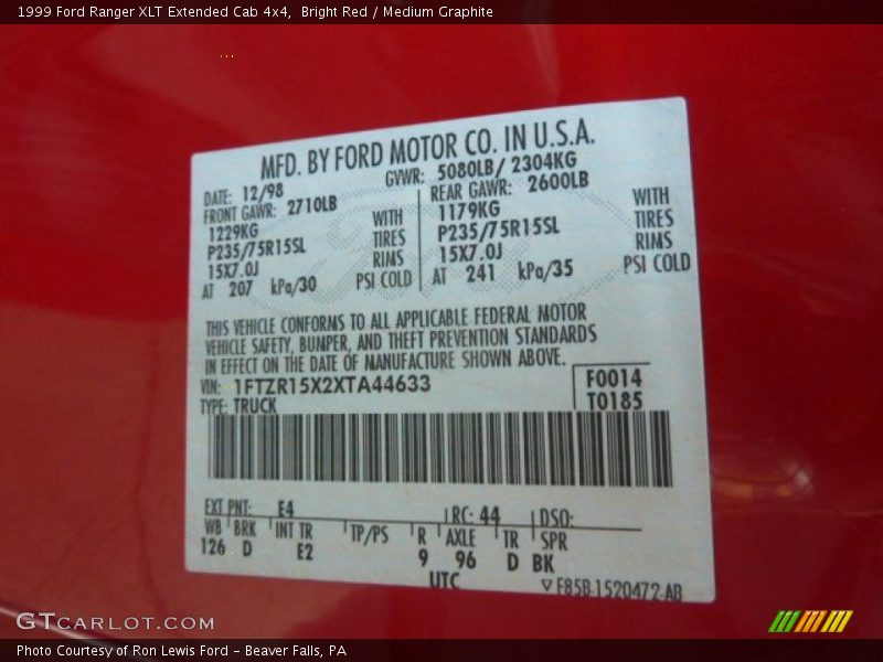 Bright Red / Medium Graphite 1999 Ford Ranger XLT Extended Cab 4x4