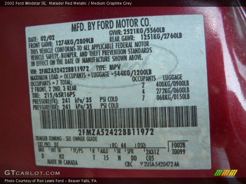 Matador Red Metallic / Medium Graphite Grey 2002 Ford Windstar SE