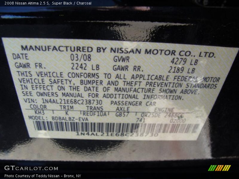 Super Black / Charcoal 2008 Nissan Altima 2.5 S