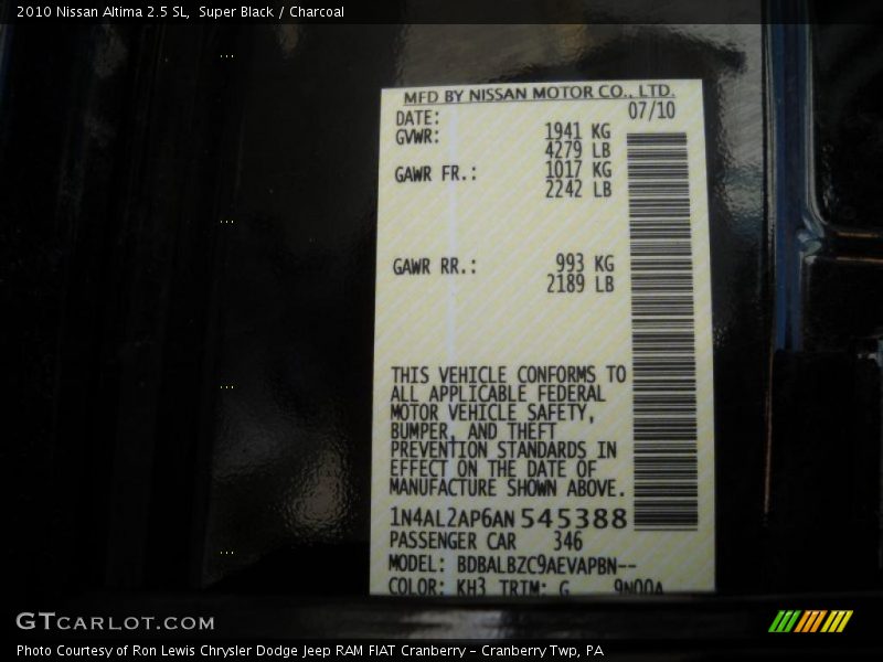 Super Black / Charcoal 2010 Nissan Altima 2.5 SL