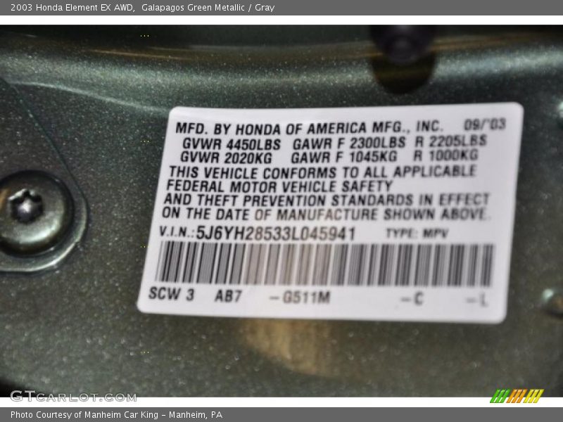 Galapagos Green Metallic / Gray 2003 Honda Element EX AWD