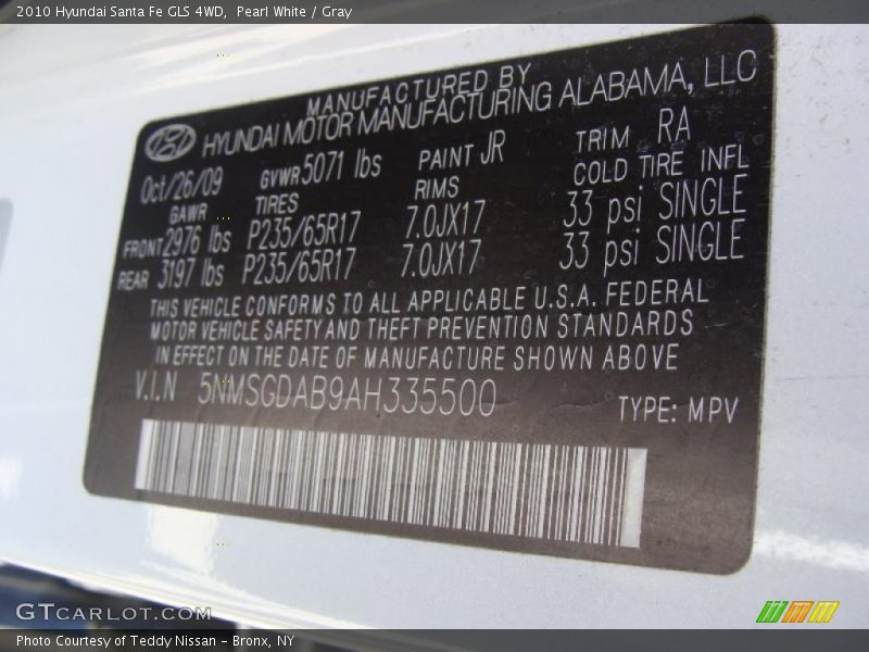 Pearl White / Gray 2010 Hyundai Santa Fe GLS 4WD