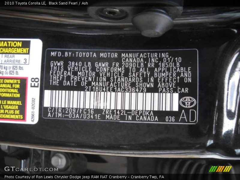 Black Sand Pearl / Ash 2010 Toyota Corolla LE