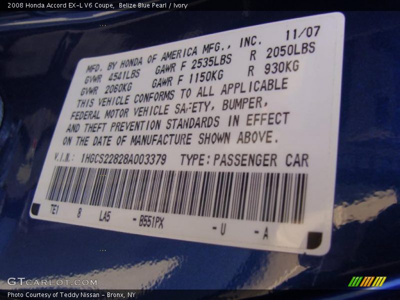 Belize Blue Pearl / Ivory 2008 Honda Accord EX-L V6 Coupe