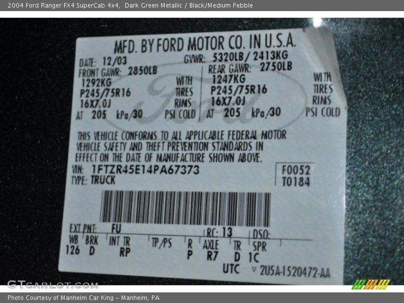 Dark Green Metallic / Black/Medium Pebble 2004 Ford Ranger FX4 SuperCab 4x4