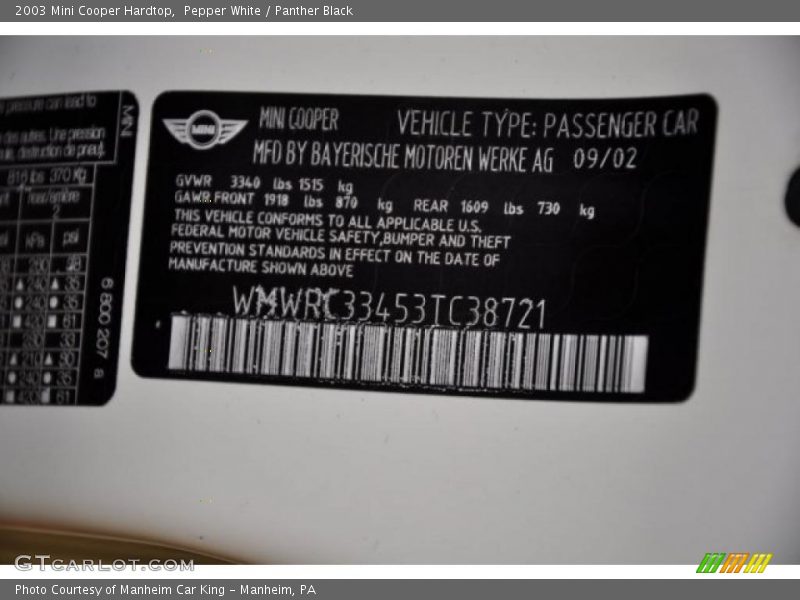 Pepper White / Panther Black 2003 Mini Cooper Hardtop