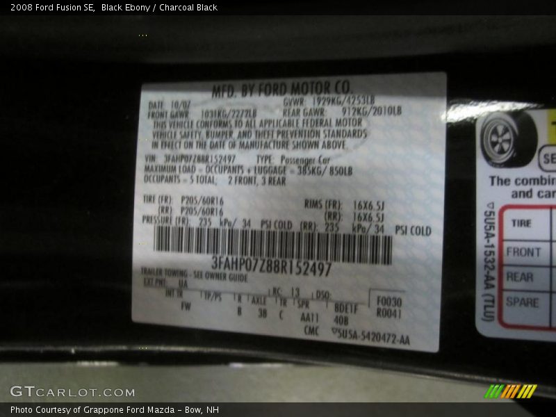 Black Ebony / Charcoal Black 2008 Ford Fusion SE