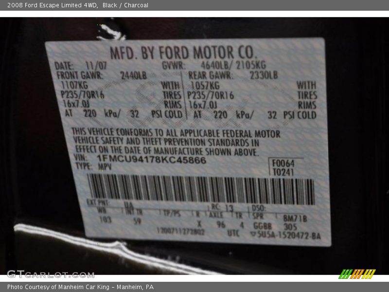 Black / Charcoal 2008 Ford Escape Limited 4WD