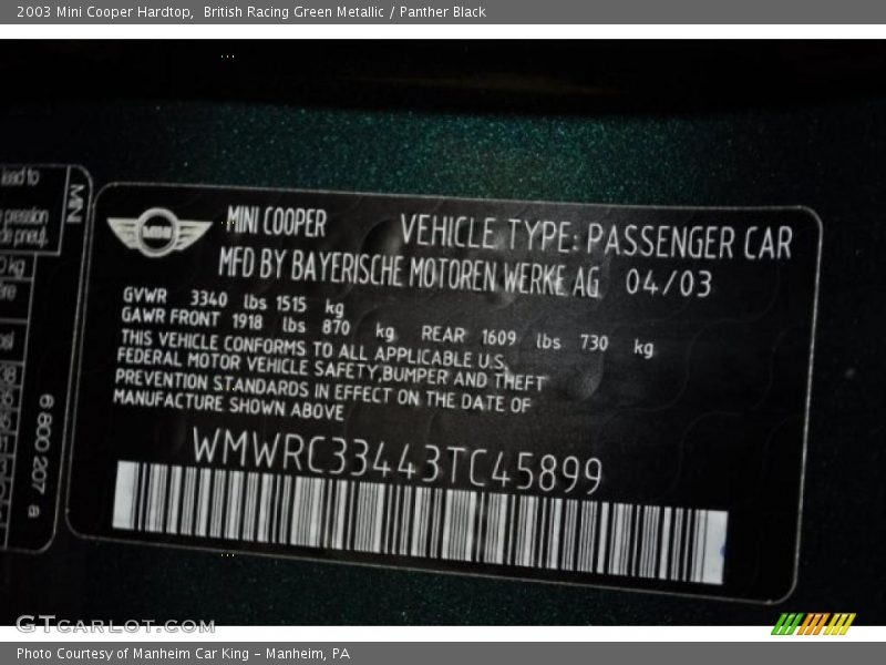 British Racing Green Metallic / Panther Black 2003 Mini Cooper Hardtop